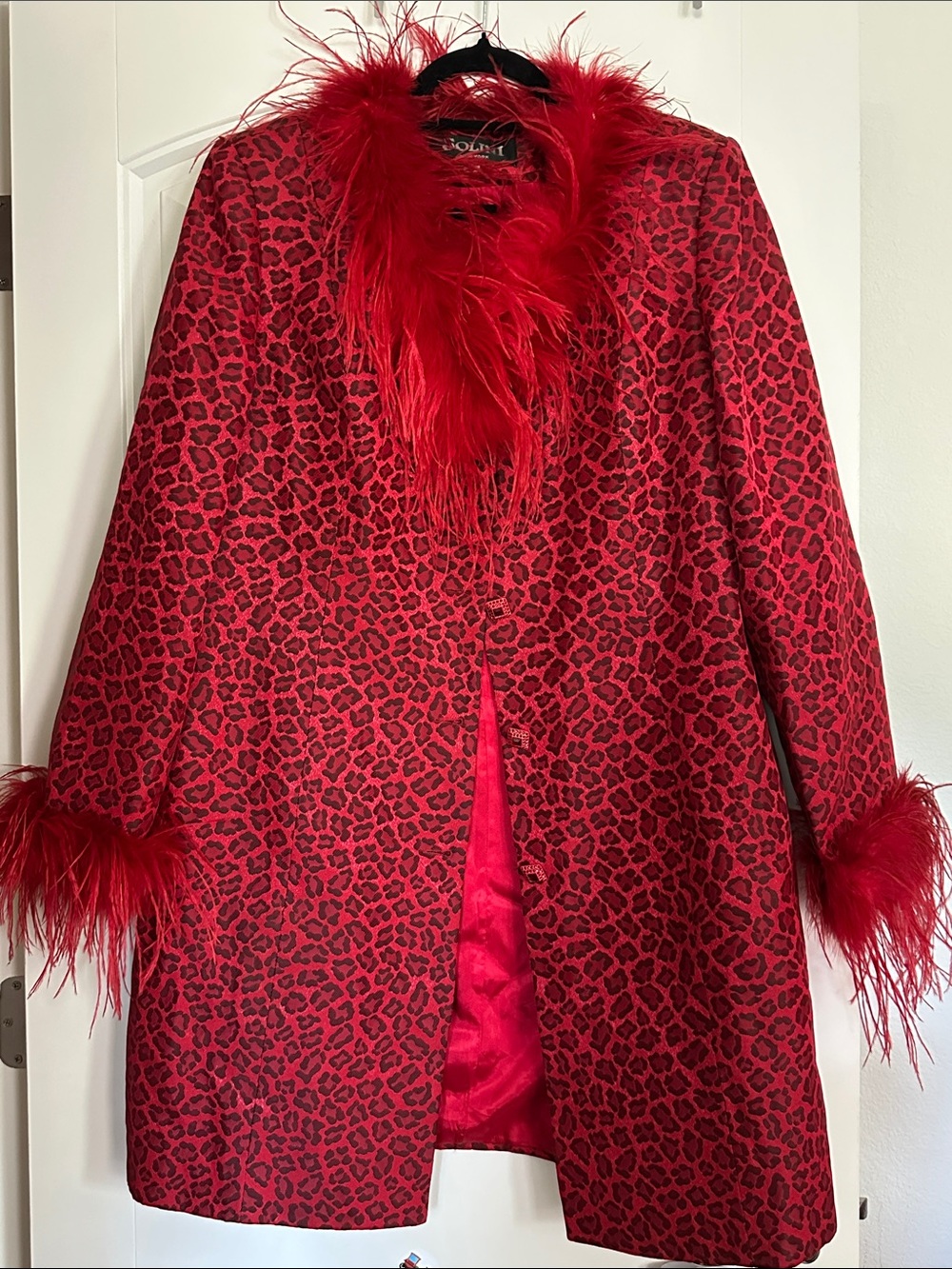 Women's Red Leopard-Print Feather Trim Coat size 16 Penny lane